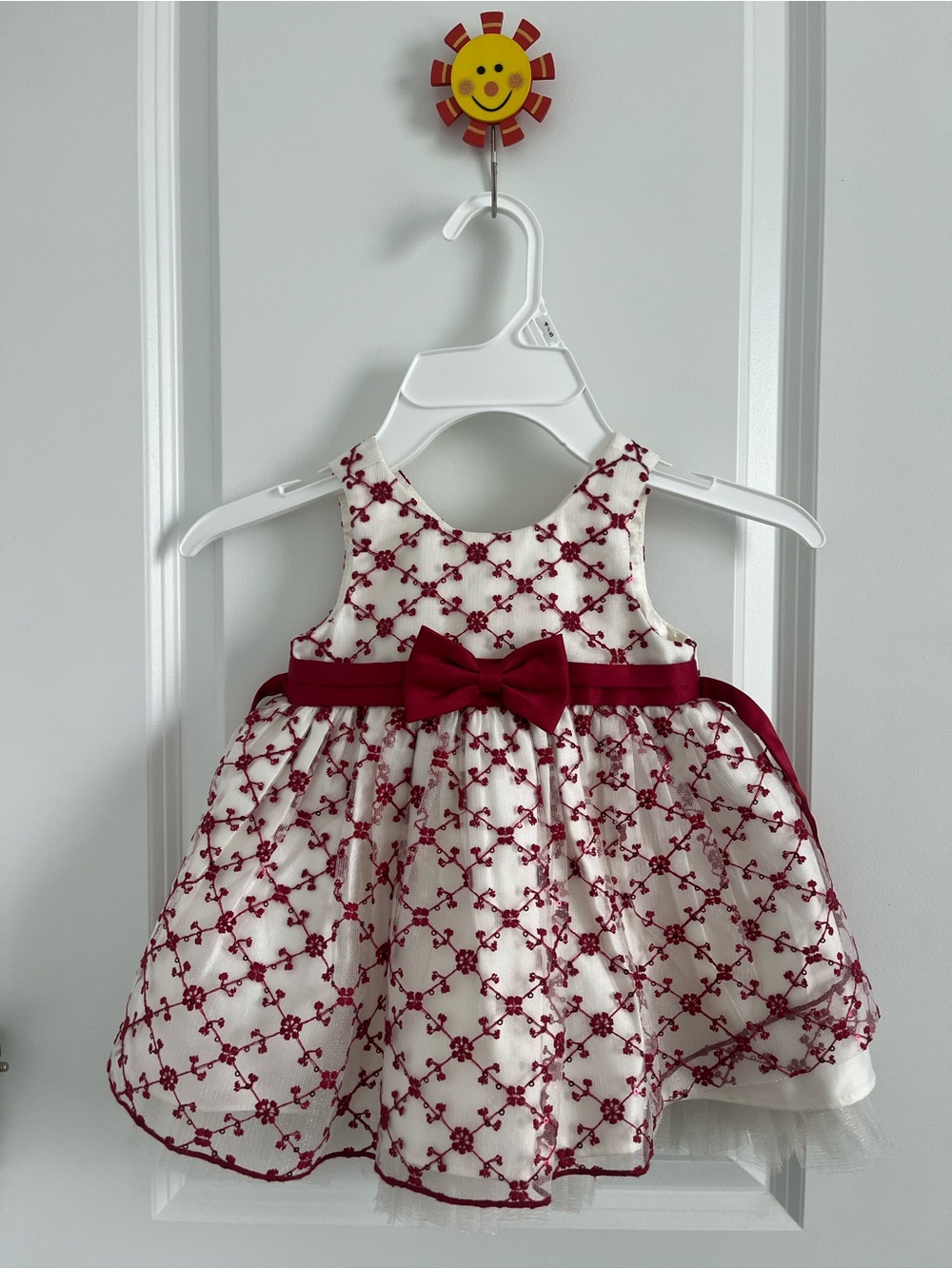 White and Burgundy Embroidered Girls' Party Dress with Bow